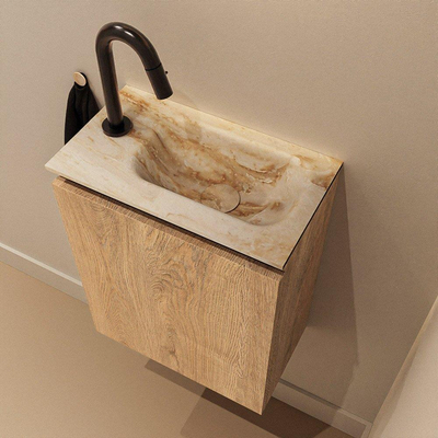MONDIAZ TURE-DLUX meuble de toilettes 40 cm Washed Oak. EDEN lavabo Frappe position droite. Avec 1 trou de robinet.