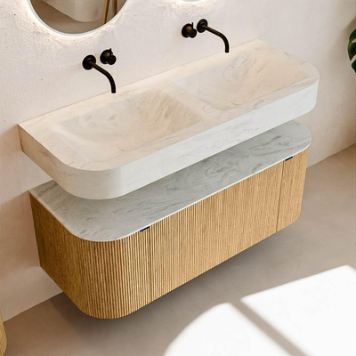 MONDIAZ THOR-DLUX 120cm meuble de salle de bains arrondi gauche + droite couleur Oak avec 1 tiroir et 2 portes. Vasque suspendue CLOUD Double sans trou de robinet couleur Opalo.