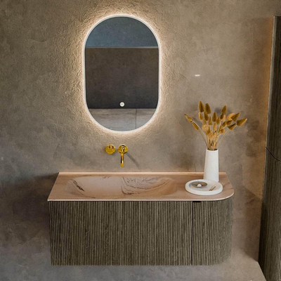 MONDIAZ KURVE-DLUX Meuble de salle de bains 105cm arrondi à droite couleur Shadow avec 1 tiroir et 1 porte. Lavabo BIG SMALL à gauche sans trou de robinet Arena.