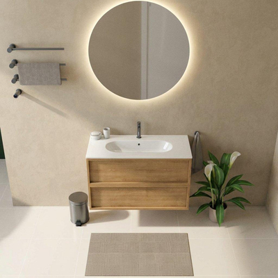 Saniclass Holz Frame Ensemble meuble de salle de bains - 100x45x73.9cm - lavabo en céramique Chaci blanc - 1 vasque - 1 trou de robinet - 2 tiroirs - chêne natural mat (bois)