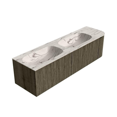 MONDIAZ KURVE-DLUX meuble de salle de bains 165cm arrondi à droite couleur Shadow avec 2 tiroirs et 1 porte. Lavabo STOR SMALL Double / gauche sans trou de robinet Nata.