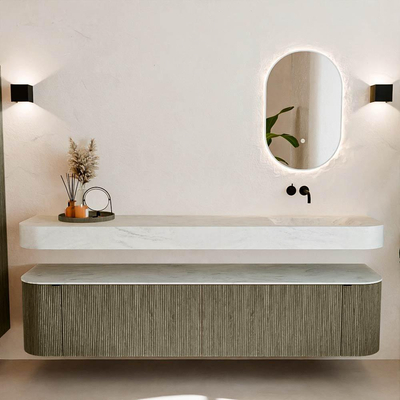 MONDIAZ THOR-DLUX 200cm meuble de salle de bains arrondi gauche + droite couleur Shadow avec 2 tiroirs et 2 portes. Vasque suspendue CLOUD Droite sans trou de robinet couleur Opalo.