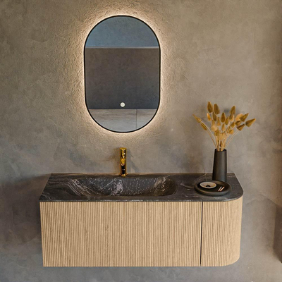 MONDIAZ KURVE-DLUX 115cm Meuble salle de bain avec module 25 D - couleur Oak - 1 tiroir - 1 porte - vasque BIG SMALL gauche - 1 trou de robinet - couleur Lava