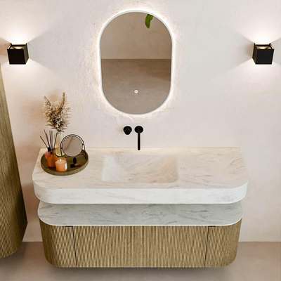 MONDIAZ THOR-DLUX 140cm meuble de salle de bains arrondi gauche + droite couleur Dusk avec 1 tiroir et 2 portes. Vasque suspendue CLOUD Milieu sans trou de robinet couleur Opalo.