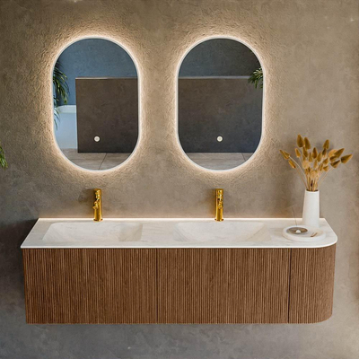 MONDIAZ KURVE-DLUX 155cm Meuble salle de bain avec module 25 D - couleur Walnut - 2 tiroirs - 1 porte - vasque LEAF double / gauche - 2 trous de robinet - couleur Opalo