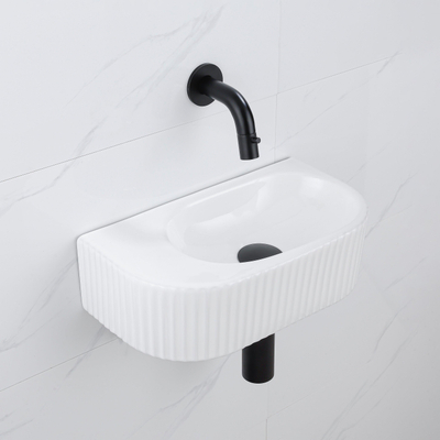 QeramiQ Fuente pack lave-mains – demi-rond – 40 x 21,5 x 12 cm – céramique blanc brillant – robinet noir mat – cannelé