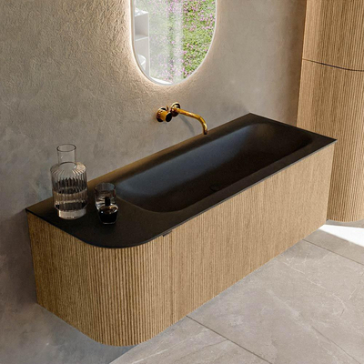 MONDIAZ KURVE 125cm Meuble salle de bain avec module 25 G - couleur Oak - 1 tiroir - 1 porte - vasque BIG MEDIUM droite - sans trous de robinet - Urban