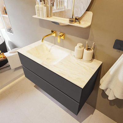 Mondiaz VICA-DLUX Ensemble de meuble de salle de bain - 100cm - meuble sous-vasque gris foncé - 2 tiroirs - lavabo encastré cloud gauche - sans trous de robinet - version haute de 60cm - ostra