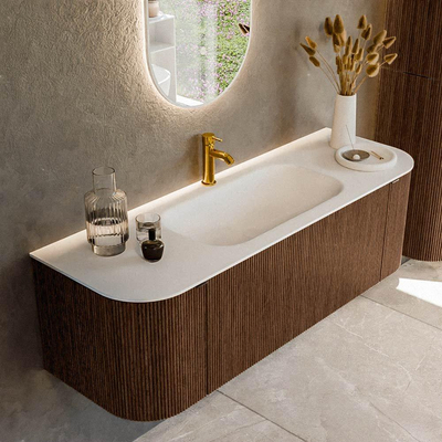 MONDIAZ KURVE 140cm badmeubel met module 25 Len R kleur Walnut met 1 lade en 2 deuren. Wastafel BIG SMALL midden 1 kraangat Talc.