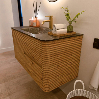 Mondiaz CIRO-DLUX Badkamermeubelset - 100x45x50cm - Solid surface wastafel Lava - 1 wasbak Midden - 1 kraangat - 2 lades - Oak