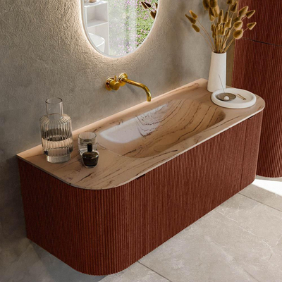 MONDIAZ KURVE-DLUX Meuble de salle de bains 120 cm arrondi gauche + droite couleur Ruby avec 1 tiroir et 2 portes. Lavabo BIG SMALL central sans trou de robinet Arena.