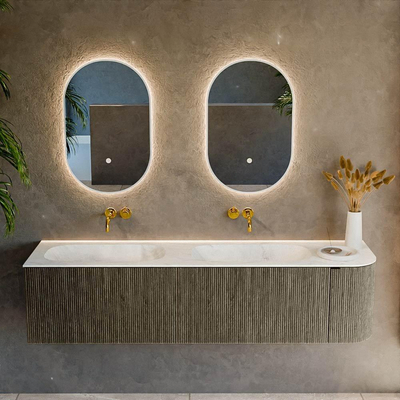 Mondiaz KURVE-DLUX Ensemble de meubles de salle de bains - 175x46x40cm - 2 tiroirs - 1 porte - lavabo solid surface - double / gauche - sans trou de robinet - Shadow