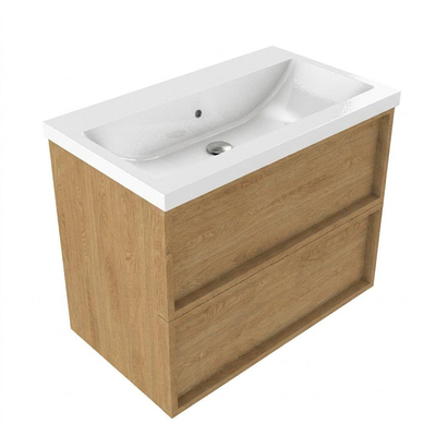 Saniclass Holz Frame Ensemble de meubles de salle de bains - 80x45x63.5cm - lavabo en céramique Bari blanc - 1 vasque - sans trou de robinetterie - 2 tiroirs - chêne naturel mat (bois)