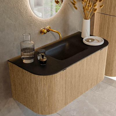 MONDIAZ KURVE 100cm badmeubel met module 25 Len R kleur Oak met 1 lade en 2 deuren. Wastafel GRUNNE midden zonder kraangat Urban.