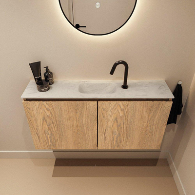MONDIAZ TURE-DLUX Meuble toilette - 100cm - Washed Oak - EDEN - vasque Opalo - position centrale - 1 trou de robinet