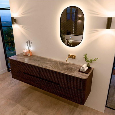 Mondiaz CIRO-DLUX Badkamermeubelset - 180x45x50cm - Solid surface wastafel Oza - 1 wasbak Rechts - zonder kraangaten - 4 lades - Walnut
