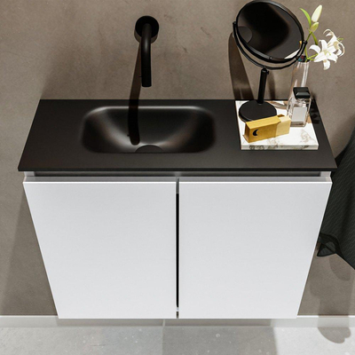 MONDIAZ TURE Toiletmeubel 60x23x50cm met 0 kraangaten 2 deuren talc mat Wastafel Eden links Solid Surface Zwart