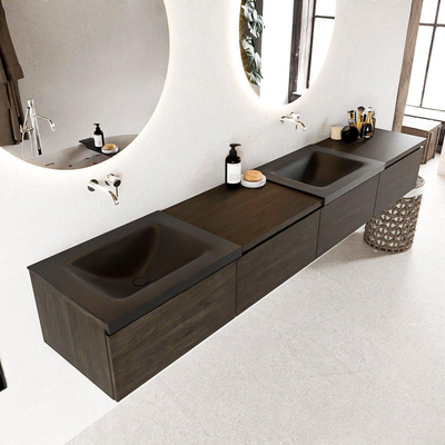 MONDIAZ BUKLA 240cm badmeubel met module 60 rechts kleur Dark Brown met 4 lades. Wastafel CLOUD dubbel 0 kraangaten kleur Urban.