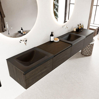 Mondiaz bukla ensemble de meubles de bain 240x45x34cm 0 robinetterie 2 lavabos surface solide urbaine sans poignée 4 tiroirs avec softclose mélamine marron foncé