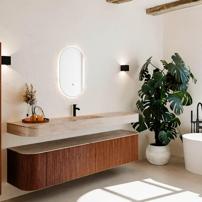 MONDIAZ THOR-DLUX Meuble de salle de bains 200cm arrondi gauche + droite couleur Ruby avec 2 tiroirs et 2 portes. Vasque suspendue CLOUD Milieu 1 trou de robinet couleur Saba.