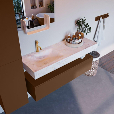 Mondiaz ALAN-DLUX Ensemble de meuble - 130cm - meuble Rust mat - 1 tiroir - Lavabo Cloud Ostra suspendu - vasque gauche - 1 trou de robinet