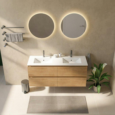 Saniclass Holz Pure Ensemble meuble de salle de bains - 140x45x62cm - lavabo Vygo en céramique blanc - 2 vasques - 2 trous de robinet - 4 tiroirs - chêne natural brillant (bois)