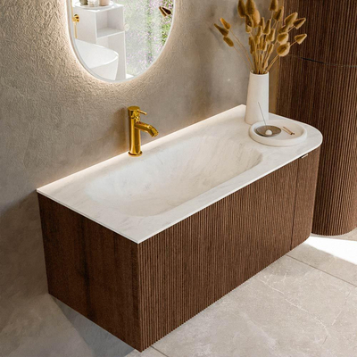 MONDIAZ KURVE-DLUX meuble de salle de bains 105 cm avec module 25 R couleur Walnut avec 1 tiroir et 1 porte. Lavabo BIG SMALL gauche 1 trou de robinet couleur Opalo.