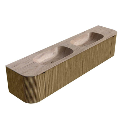 MONDIAZ KURVE-DLUX Meuble de salle de bains 200cm arrondi Gauche + Droite couleur Dusk avec 2 tiroirs et 2 portes. Lavabo STOR SMALL Double 2 trous de robinet Saba.