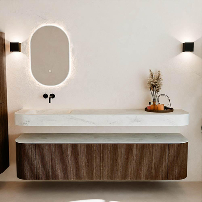 MONDIAZ THOR-DLUX Meuble de salle de bains - 190cm - arrondi gauche + droite - couleur Walnut - 2 tiroirs et 2 portes - Vasque suspendue CLOUD Gauche sans trou de robinet - couleur Opalo