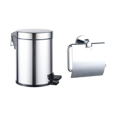 FugaFlow Eccelente Ensemble accessoires pour toilettes - porte-rouleau de papier toilette - avec couvercle - poubelle à pédale - 5 litres - chrome