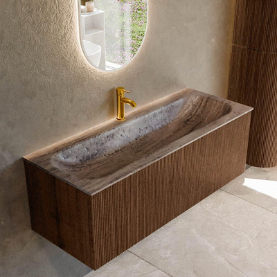 MONDIAZ KURVE-DLUX 120cm badmeubel kleur Walnut met 1 lade en 0 deuren. Wastafel BIG LARGE Midden 1 kraangat Oza.