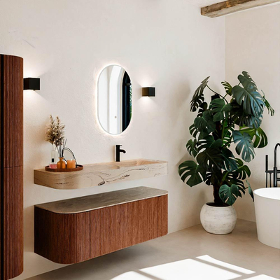 MONDIAZ THOR-DLUX 130cm meuble de salle de bains arrondi gauche + droite couleur Ruby avec 1 tiroir et 2 portes. Vasque suspendue CLOUD Droite 1 trou de robinet couleur Arena.