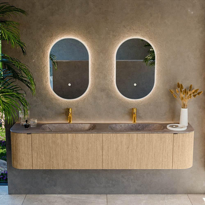 MONDIAZ KURVE-DLUX Meuble de salle de bains 200cm arrondi Gauche + Droite couleur Chêne avec 2 tiroirs et 2 portes. Lavabo STOR SMALL Double 2 trous de robinet Oza.