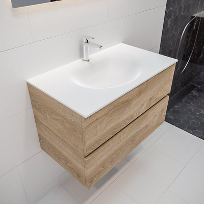 ENSEMBLE DE MEUBLE MONDIAZ VICA - 80cm - 2 tiroirs - lavabo Moon central - 1 trou de robinet - solid surface chêne blanchi