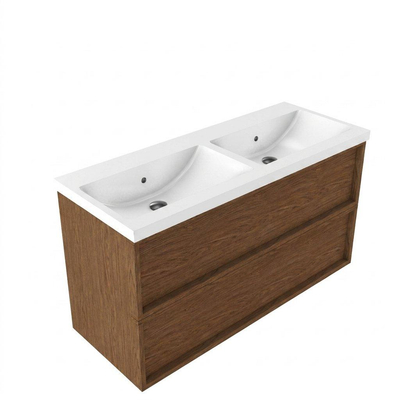 Saniclass Holz Frame Ensemble de meubles de salle de bains - 120x45x63.5cm - Lavabo Bari en céramique blanc - 2 vasques - sans trous de robinetterie - 2 tiroirs - walnut pure mat (bois)
