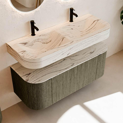 MONDIAZ THOR-DLUX 120cm meuble de salle de bains arrondi gauche + droite couleur Shadow avec 1 tiroir et 2 portes. Vasque suspendue CLOUD Double 2 trous de robinet couleur Nata.