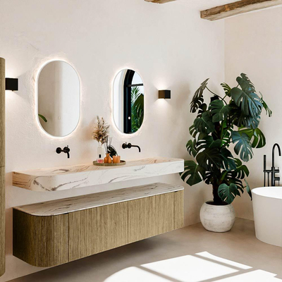 MONDIAZ THOR-DLUX Meuble de salle de bains 180cm arrondi gauche + droite couleur Dusk avec 2 tiroirs et 2 portes. Vasque suspendue CLOUD Double sans trou de robinet couleur Nata.