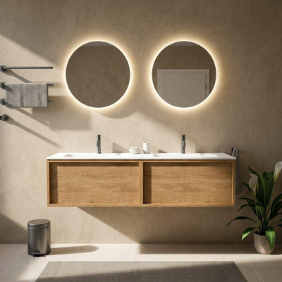 Saniclass Holz Frame Ensemble meuble de salle de bains - 160x45x41.5cm - Flow lavabo en solid surface blanc - 2 vasques - 2 trous de robinetterie - 2 tiroirs - chêne natural mat (bois)