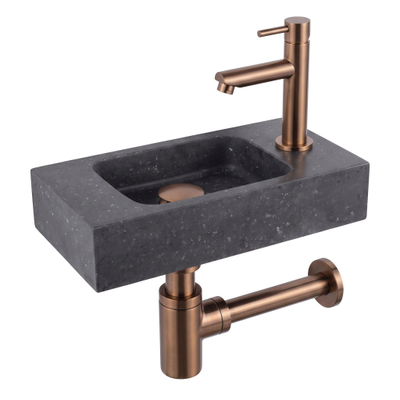 Fortifura Fuente pack lave-mains – rectangulaire – 40 x 22 x 9 cm – pierre naturelle noire – robinet cuivre