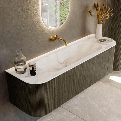 Mondiaz KURVE-DLUX Ensemble de meuble de salle de bains - 150x46x40cm - 1 tiroir - 2 portes - lavabo solid surface - au milieu - sans trou de robinet - Shadow
