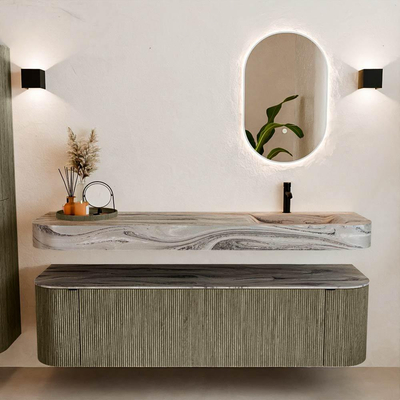 MONDIAZ THOR-DLUX 170cm meuble de salle de bains arrondi gauche + droite couleur Shadow avec 1 tiroir et 2 portes. Vasque suspendue CLOUD Droite 1 trou de robinet couleur Sombra.