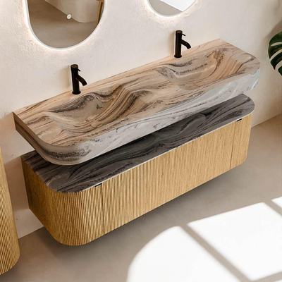 MONDIAZ THOR-DLUX 150cm meuble de salle de bains arrondi gauche + droite couleur Chêne avec 1 tiroir et 2 portes. Vasque suspendue CLOUD Double 2 trous de robinet couleur Sombra.