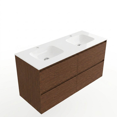 Saniclass Holz Pure Ensemble meuble de salle de bains - 120x45x61.5cm - lavabo Flow en solid surface blanc - 2 vasques - 2 trous de robinetterie - 4 tiroirs - walnut pure mat (bois)