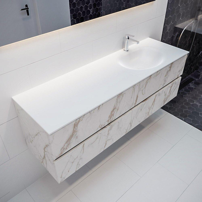 Mondiaz VICA ensemble de meuble de salle de bain - 150cm - meuble sous-vasque carrara - 4 tiroirs - lavabo moon droite - 1 trou de robinet - miroir LED - version XL 60cm de haut