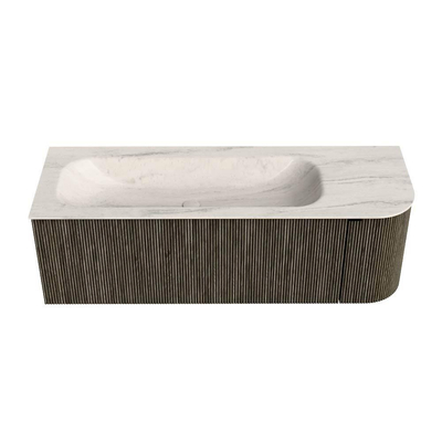 MONDIAZ KURVE-DLUX Meuble de salle de bains 135cm arrondi à droite couleur Shadow avec 1 tiroir et 1 porte. Lavabo BIG MEDIUM gauche 1 trou de robinet Meli.