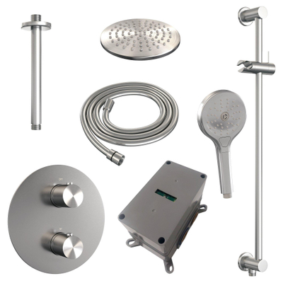 BRAUER Édition Brossée douche pluie thermostatique encastrée - 3 voies - rond - ensemble 95 - douche principale 20cm - bras plafond - douchette 3 positions - flexible de douche - colonne de douche intégrée - inox brossé PVD