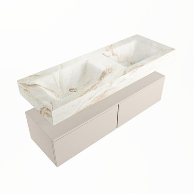 Mondiaz ALAN-DLUX Ensemble de meuble - 130cm - meuble Linen mat - 2 tiroirs - Lavabo Cloud Frappe suspendu - vasque Gauche et droite - 0 trous de robinet