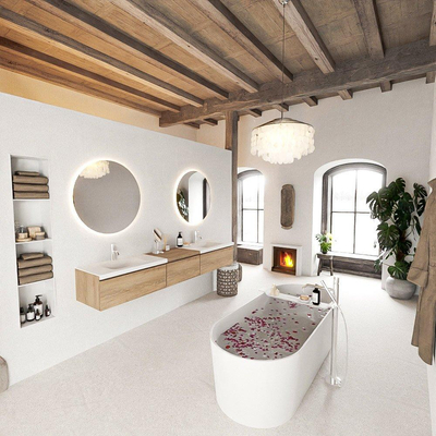 MONDIAZ BUKLA 220cm meuble de salle de bain avec module 60 couleur Chêne blanchi avec 3 tiroirs. Lavabo CLOUD double 2 trous de robinet couleur Talc.