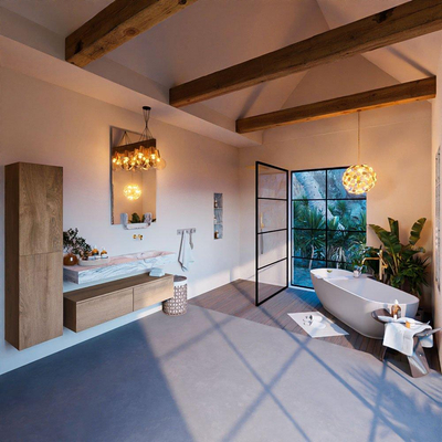 MONDIAZ ALAN - DLUX Ensemble de meuble de salle de bains - 130cm - meuble bas - chêne blanchi - 2 tiroirs - lavabo suspendu - vasque à droite - 0 trous de robinet - Glace