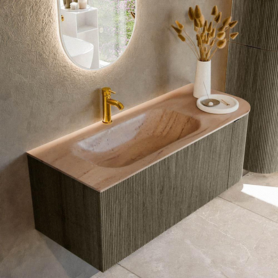 MONDIAZ KURVE-DLUX Meuble de salle de bains 115cm arrondi à droite couleur Shadow avec 1 tiroir et 1 porte. Lavabo BIG SMALL à gauche 1 trou de robinet Saba.